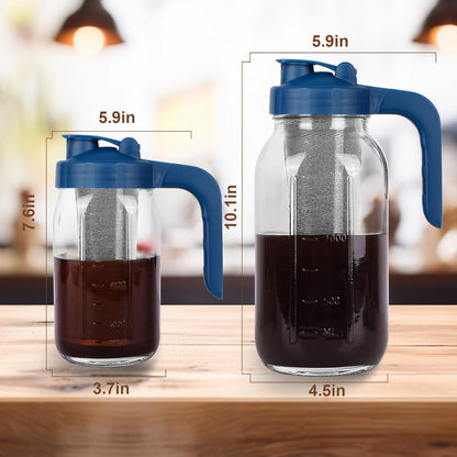 Cold Brew Coffee Maker Pitcher,64 Oz Heavy Duty Glass Mason Jar Pitcher with V-shaped Pour Spout Handle Lid,Stainless Steel Filter for Iced Coffee,Iced tea,Fruit Drinks,lemonade - Blue