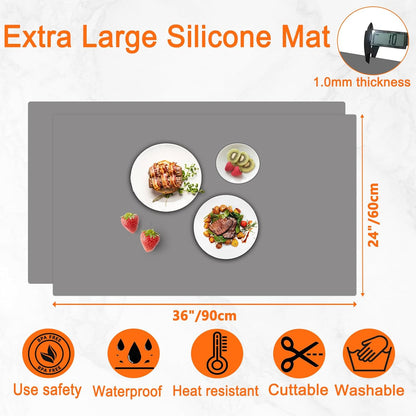 2Pack Large Silicone Mats for Kitchen Counter, 36''x24''(90cmx60cm) Heat Resistant Mat for Kitchen Island, Waterproof Multipurpose Countertop Protector, Light Gray