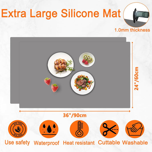 2Pack Large Silicone Mats for Kitchen Counter, 36''x24''(90cmx60cm) Heat Resistant Mat for Kitchen Island, Waterproof Multipurpose Countertop Protector, Light Gray