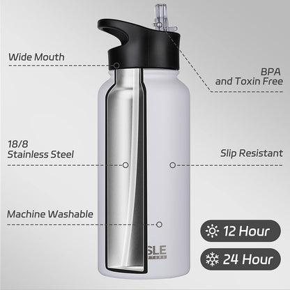 HASLE OUTFITTERS 32 oz Insulated Water Bottle Stainless Steel Double Walled Vacuum Sports Water Bottle with 2 Lids (Straw and Spout Lid) for Gym Camping Hiking(White,1)