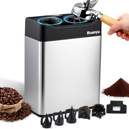 Huanyu Portafilter Cleaner Electric, 6L Large Capacity, with Dual Brush Heads, 3 Scrapers for 58mm and 51mm Portafilters, Automatic Coffee Grounds Cleaning Machine