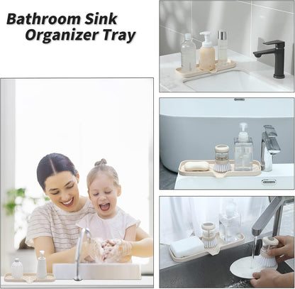 Silicone Bathroom Soap Dishes with Drain Spout-Bathroom and Kitchen Sink Organizer,Sponge Holder,Dish Soap Tray,Perfect for Dispenser,Scrubber,Bottle,Cup on Sink or Counter-Tapioca 12"×4"