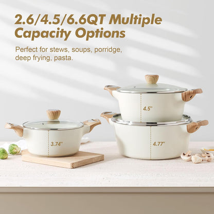 SENSARTE Ceramic Nonstick Stock Pot with Lid, 2.6/4.5/6.6 QT Soup Pot Casserole Pot, Non-toxic Healthy Pasta Pot, Large Cooking Pot Stew Pot, Induction Compatible, PFOA PFAS PTFE Free, White