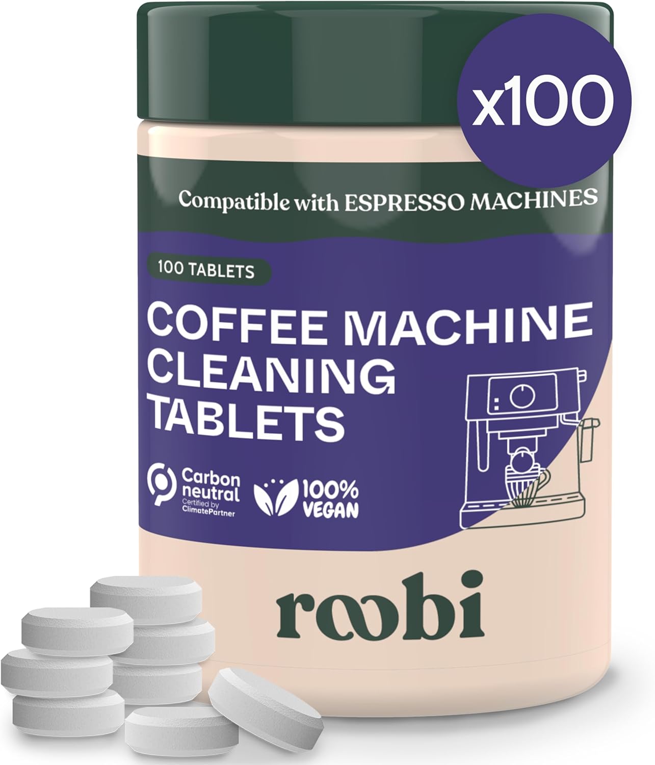 Roobi Espresso Machine Cleaning Tablets. Coffee Machine Cleaner Tabs. 100 Count Carbon Neutral Espresso Clean Pack.
