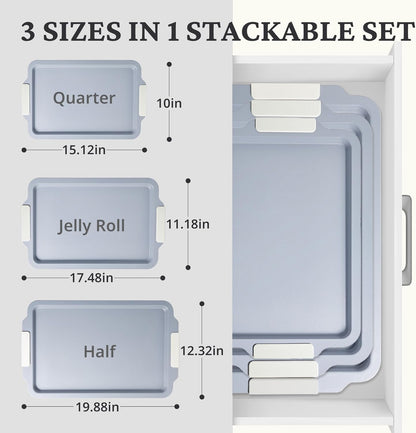 BRONYPRO Non Stick Ceramic Baking Sheet Pan Set of 3, Natural Non Toxic Cookie Sheets for Baking - PFOA, PTFE Free, Heavy Duty Aluminized Steel Oven Trays for Cooking with Silicone Handles, Cream