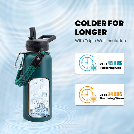 Insulated Water Bottle 32 oz, Triple Wall Vacuum Stainless Steel (Cold for 48 Hrs), Leak Proof & Non-BPA, Modern Water Flask Jug with Paracord Handle & Straw Spout Lids, Dark Green