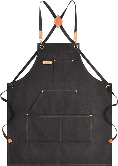 Canvas Aprons for Men Chef Apron, Work Apron with Large Pockets - 16oz Heavy Duty Cross Back, BBQ, Cooking