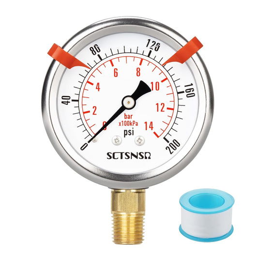 0 to 200 Psi Pressure Gauge, Glycerin Liquid Filled, 2.5 inch Dial, 1/4" NPT Lower Mount, Stainless Steel Case, for Air Compressor, Shock, Water System, Well Pump, Tank, Pipe, Pressure Test