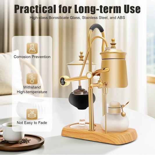 Belgian Syphon Coffee Maker, Belgian Belgium Royal Family Balance Syphon Siphon Coffee Maker Vacuum Brewing System w/Measuring Cup & lcohol Burne, Classic Gold