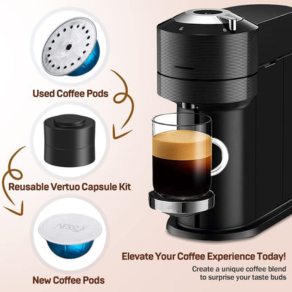 Nessus Reusable Kit for Nespresso Pods Vertuo, Reuse Old Coffee Pods for Nespresso Vertuo: 100 Pcs Aluminum Foil Seal Lid, Holder, Brush, Refillable Vertuo Plus Next Capsule Machine