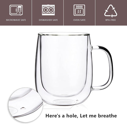 CNGLASS Glass Coffee Mugs 12oz,Double Wall Insulated Mug Set with Handle,Clear Glass Espresso Mugs for Latte,Cappuccino,Tea Bag,Hot and Cold Beverages,Set of 2