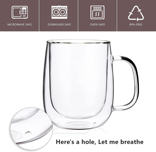 CNGLASS Glass Coffee Mugs 12oz,Double Wall Insulated Mug Set with Handle,Clear Glass Espresso Mugs for Latte,Cappuccino,Tea Bag,Hot and Cold Beverages,Set of 2