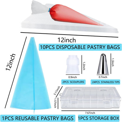 40PCS Piping Bags and Tips Set 12 Inch Pastry Bags Cakes Decorating Kit Supplies, 10 Icing Bags Disposable with 1 Reusable Piping Bags, 24 Frosting Tips, 2 Couplers, 1 Storage Box