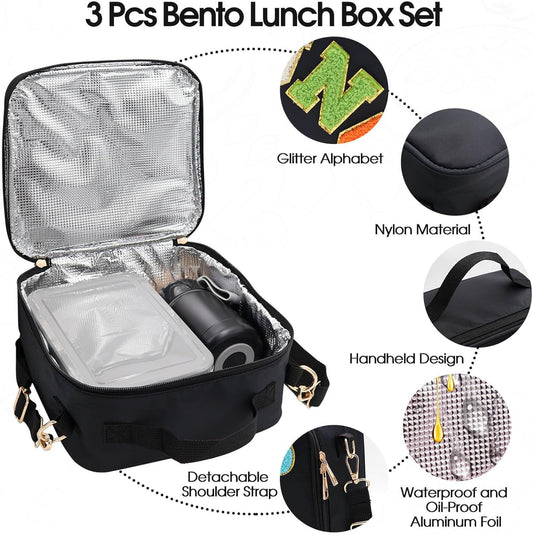 Insulated Lunch Bag for Boys Girls with 10oz Thermo, with 6 Compartment Bento Box, Black Nylon Preppy Lunch Box Adjustable Strap for Boy Girl Kids Teens School Travel Picnic