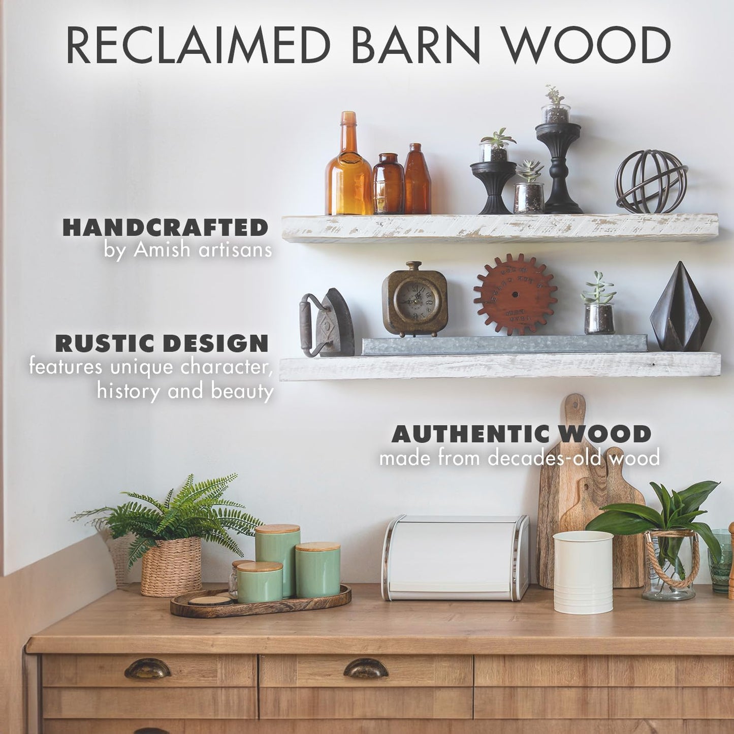 Urban Legacy Reclaimed Barnwood Planks | Floating Shelves for Wall w/Flush Mount Shelf Bracket Set Included | Set of 2 (White Wash, 24" x 7 "x 2")