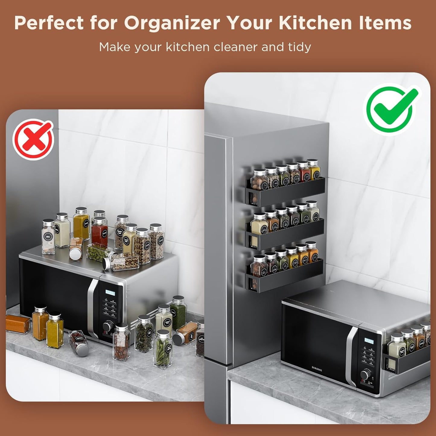 4 Pack Magnetic Spice Rack with 24 Spice Jars, Spice Labels, Chalk Marker and Funnel Set, Magnetic Spice Organizer Shelf for Refrigerator, Microwave, Seasoning Organizer for Kitchen