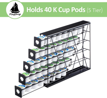 FlagShip 5-Tier Corner Coffee Pod Organizer for K Cup - 40 Capsules Metal Storage, Space-Saving Kitchen Countertop Rack Wall Mountable