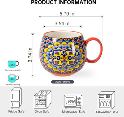 HENXFEN LEAD Boho Coffee Mugs 20 Ounce - Porcelain Cups for Latte, Tea, Cappuccino, Cocoa, Soup, Dishwasher, Microwave Safe, Christmas Gift Set of 6 - Bohemian Style
