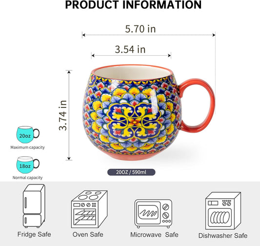 HENXFEN LEAD Boho Coffee Mugs 20 Ounce - Porcelain Cups for Latte, Tea, Cappuccino, Cocoa, Soup, Dishwasher, Microwave Safe, Christmas Gift Set of 6 - Bohemian Style