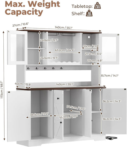 68" Tall Kitchen Pantry Storage Cabinet with Charging Station, 55" Wide Kitchen Hutch Cabinet with Large Countertop, Farmhouse Buffet Cabinet with Wine Holder & Wine Rack for Dining Room, White