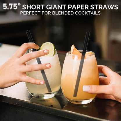 5.75 inch 8mm Wide Short Black Paper Drinking Straws Disposable for Lowball Glasses, Blended Cocktails, Margaritas, Bars, Restaurants - Unwrapped [250 Counts]
