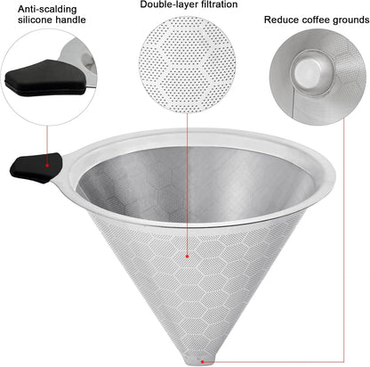 Pour Over Coffee Filters Compatible with Hario V60 02 03 & Chemex - Reusable Stainless Steel Permanent Filter Cone Dripper Coffee Maker and Bar Accessories
