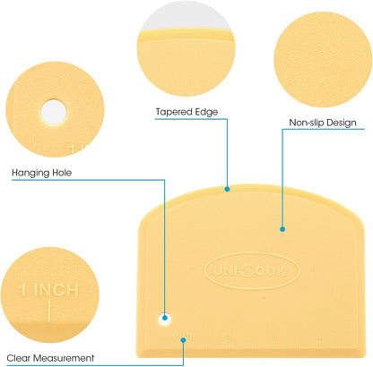 Unicook Dough Scraper, Flexible Bowl Scraper, Pastry Cutter with Measuring Scale, Nonslip Pizza Chopper, Multipurpose Baking Tool for Pizza/Dough/Cake, Easy to Clean, 2 Pack