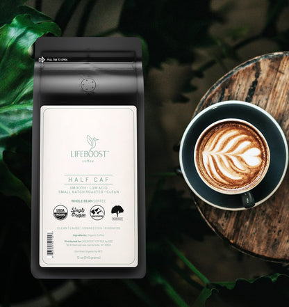 Lifeboost Half Caff Whole Bean Coffee - Non-GMO Low Acid Single Origin USDA Organic Coffee - Third Party Tested For Mycotoxins & Pesticides - 12 Ounces