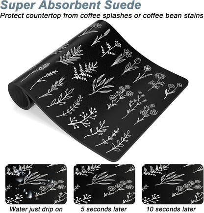 Rnivvi Coffee Mat, 12" x 19" Cute Coffee Bar Mats for Espresso Machine Station Accessories and Organizer, Hide Stain Rubber Backed Absorbent Dish Drying Pad for Kitchen Counter, Black White Leaves