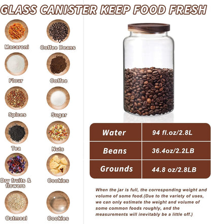 Vacuum Coffee Canister Glass Food Storage Jars With Airtight Lids Borosilicate Glass Coffee Canister Container for Coffee Beans & Grounds Tea Sugar Spices Kitchen (94oz(2800ml)-B-2pack)