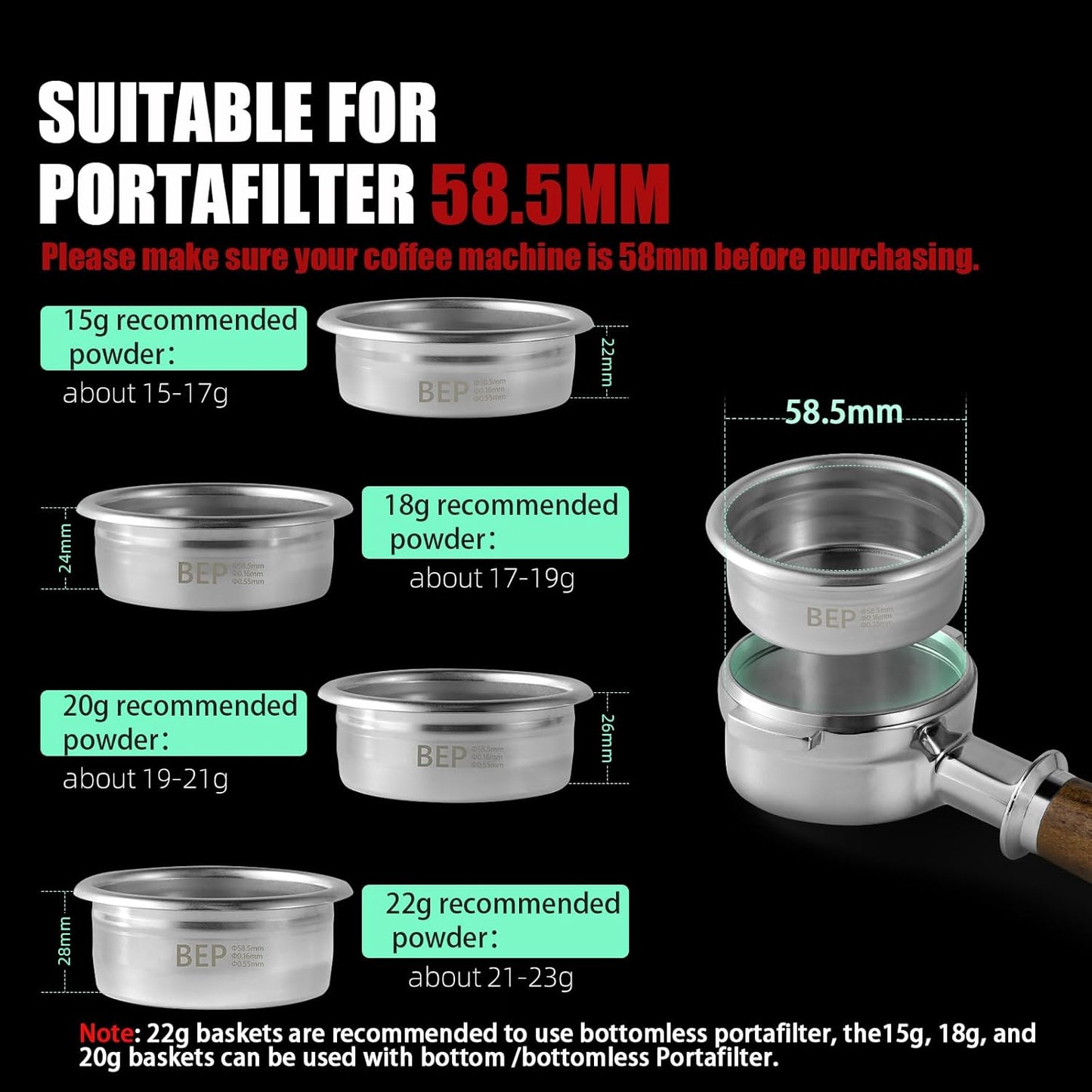 MHW-3BOMBER 58mm Espresso Filter Basket, 18g Double-layer Stainless Steel High Precision Extraction Portafilter Basket Filter Fits Most 58mm Portafilter/Tamper, Ridged, FB5628