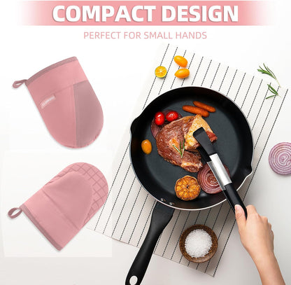Mini Oven Mitts, Kitchen Oven Gloves Kitchen Mittens 500 Degrees Heat Resistant Baking Gloves, Non-Slip Silicone Surface with Hanging Loops Hot Gloves for Cooking, Baking, BBQ 1 Pair-Pink