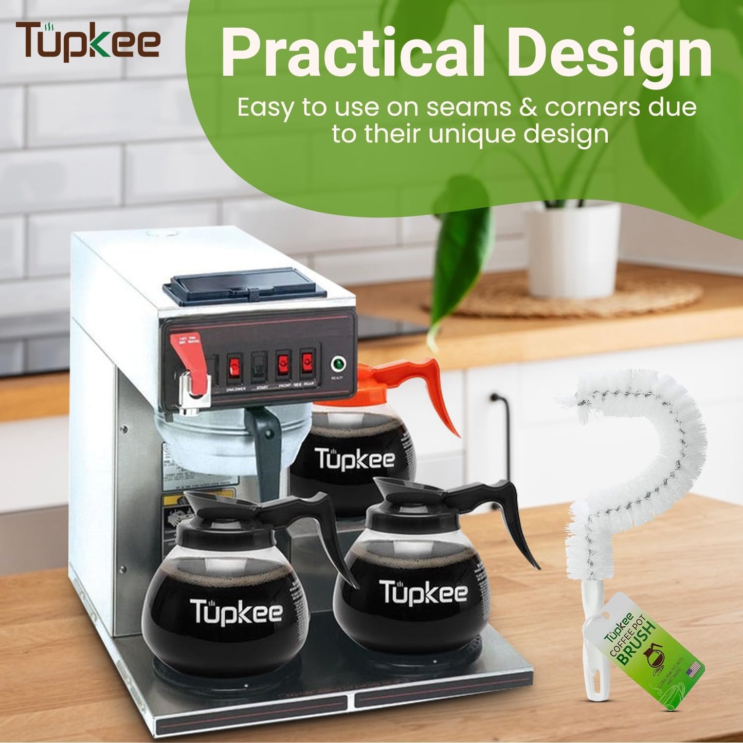 Tupkee Coffee Pot Cleaning Brush – Non Scratching, Long Lasting Bristles, Curved Coffee Decanter Cleaning Brush - Great for Offices and Restaurants
