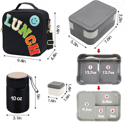 Insulated Lunch Bag for Boys Girls with 10oz Thermo, with 6 Compartment Bento Box, Black Nylon Preppy Lunch Box Adjustable Strap for Boy Girl Kids Teens School Travel Picnic