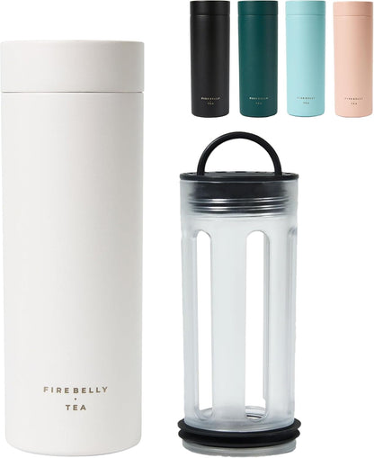 Firebelly Tea, Travel Tea Infuser Mug with Strainer, Insulated Tumbler for Loose Leaf Tea or Coffee, Leakproof Bottle for Hot or Iced Drinks, Stainless Steel Thermos with Lid, Blanc