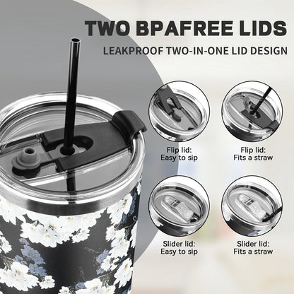 40 oz Tumbler with Lids and Straws, Stainless Steel Insulated Coffee Tumbler, Double Wall Vacuum Insulated Travel Mug Cup, Leakproof Thermal Coffee Cup for Hot and Cold Drinks (White Flower)