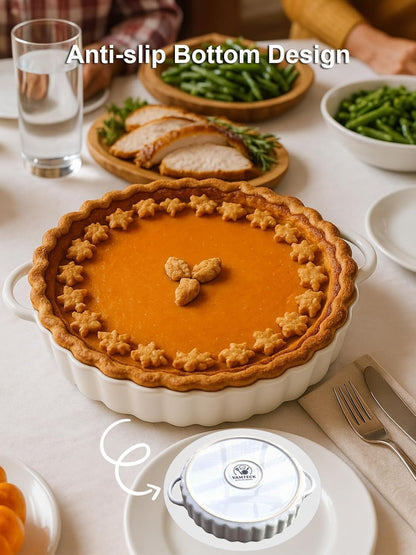 10×2in Deep Ceramic Pie Pan with Handles for Pie Quiche Tart Baking. Easy to grip, Lead-Free. Casserole Lasagna Dish for Thanksgiving Christmas Wedding Gift. Microwave, Dishwasher, Oven Safe