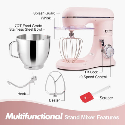 Kitchen in the box 7QT 900W 10-Speed Stand Mixer, Tilt-Head Kitchen Electric Mixer with Dough Hook, Whisk & Flat Beater(Rose pink)
