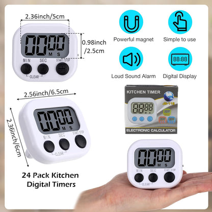 Leumoi 24 Pcs Digital Kitchen Timers Magnetic Back Timers Bulk Large Screen Loud Alarm On/Off Switch Minute Second Count up Countdown Memory Setting for Cooking Classroom Exercise (White and Black)