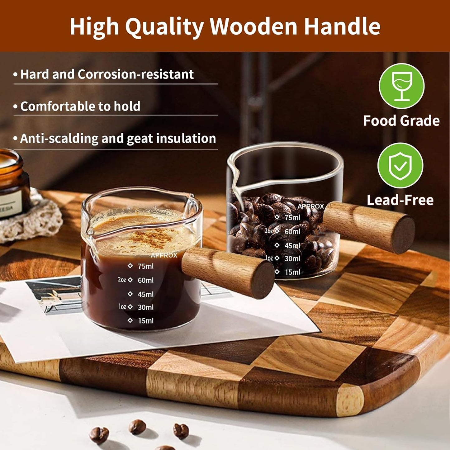 YARRAMATE 3oz Espresso Shots Cup with Wood Handle (2 Pack), Clear Glass Espresso Machine Accessories, Espresso Measuring Cup with Dual Scale, Espresso Shot Glass with Single Spout
