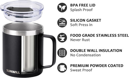 SUNWILL Travel Coffee Mug with Lid, Insulated Tumbler with Handle, 14oz Stainless Steel Cup for Camping, Outdoor, Powder Coated Black