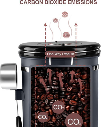 1800ML Airtight Coffee Canister with Date Tracker&Transparent Window, 22.8OZ Coffee Container with 30ML Measure Spoon&4 co2 Valve, Coffee Bean Storage Container for Grounds Coffee, Beans, Tea(Gray)