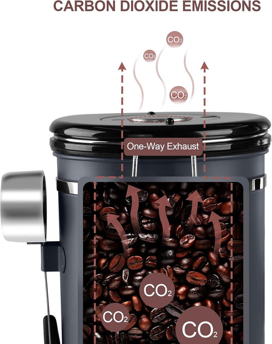 1800ML Airtight Coffee Canister with Date Tracker&Transparent Window, 22.8OZ Coffee Container with 30ML Measure Spoon&4 co2 Valve, Coffee Bean Storage Container for Grounds Coffee, Beans, Tea(Black)