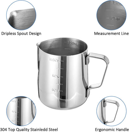4 Pcs Stainless Steel Espresso Milk Frothing Pitcher Set with Latte Art Pen, 12 oz Milk Frother Cup, Frothing Cup for Cappuccino, Latte, Home & Cafe Use