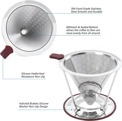 Pour Over Coffee Dripper Stainless Steel Coffee Filter Metal Cone Filter Paperless Reusable Single Cup Maker 1-2 Cup With Non-slip and Removable Cup Stand