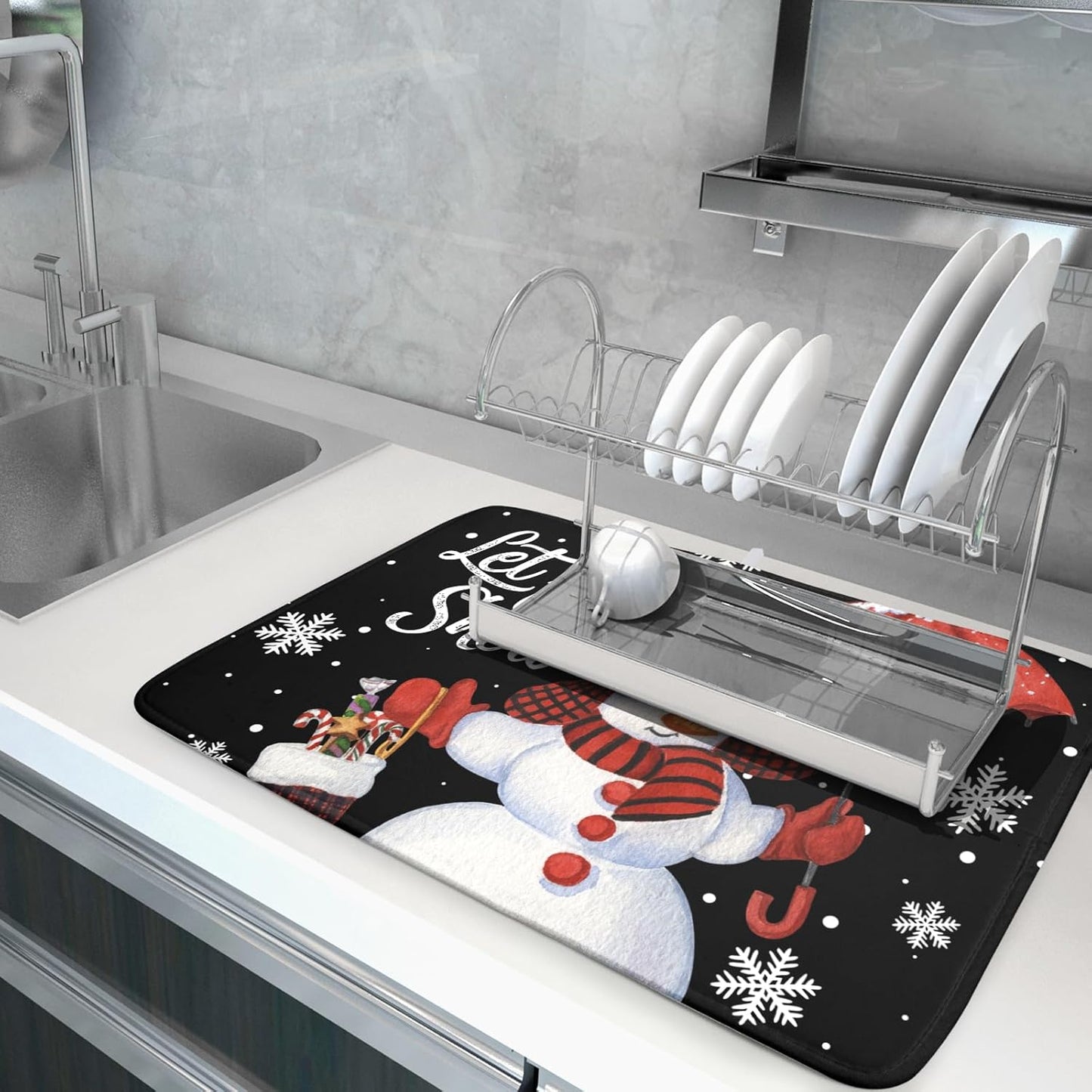 Let It Snow Dish Drying Mat, Winter Dish Drying Mat for Kitchen Counter, Christmas Cute Snowman Absorbent Fast Dry Dish Drainer Mat Protector Xmas Microfiber Dish Drying Pad 16x18 Inch