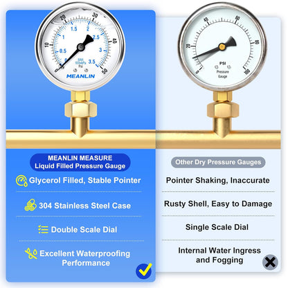 MEANLIN MEASURE 0~50Psi Stainless Steel 1/4" NPT 2.5" FACE DIAL Liquid Filled Pressure Gauge WOG Water Oil Air Lower Mount, with 1/2" NPT and 3/8" NPT Hex Bushing