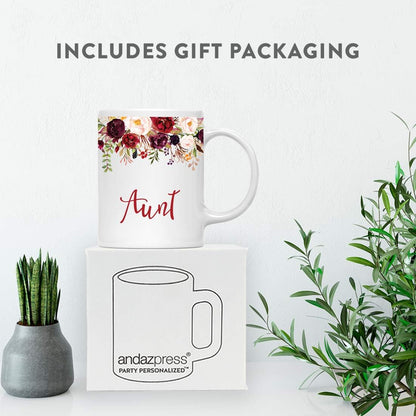 Andaz Press 11oz. Mother's Day Ceramic Coffee Tea Mug Gift, Fall Autumn Marsala Burgundy Flowers Roses Florals, Aunt, 1-Pack, Includes Gift Box, Birthday Christmas Gift Ideas