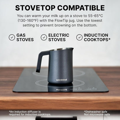 Subminimal FlowTip Milk Jug | Stovetop Milk Frothing, Foaming Pitcher for Premium Barista-Style Coffee at Home | Cappuccino & Latte Art Pouring Jug with Ergonomic Heat Resistant Handle | 450ml, Black