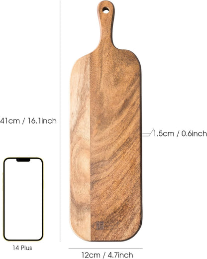 Wood Cutting Board with Handle, Long Acacia Serving Board Wooden Cheese Board Charcuterie Boards Wood Board for Food Bread Fruit 16.1x4.7x0.6 Inch